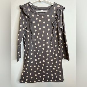 Tea Grey and White Polka Dot Ruffle Dress Long Sleeves EUC 8